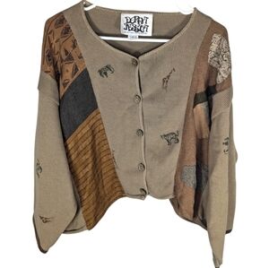 Vintage Donna Jessica Abstract Jungle Safari patchwork mismatch cardigan size 1